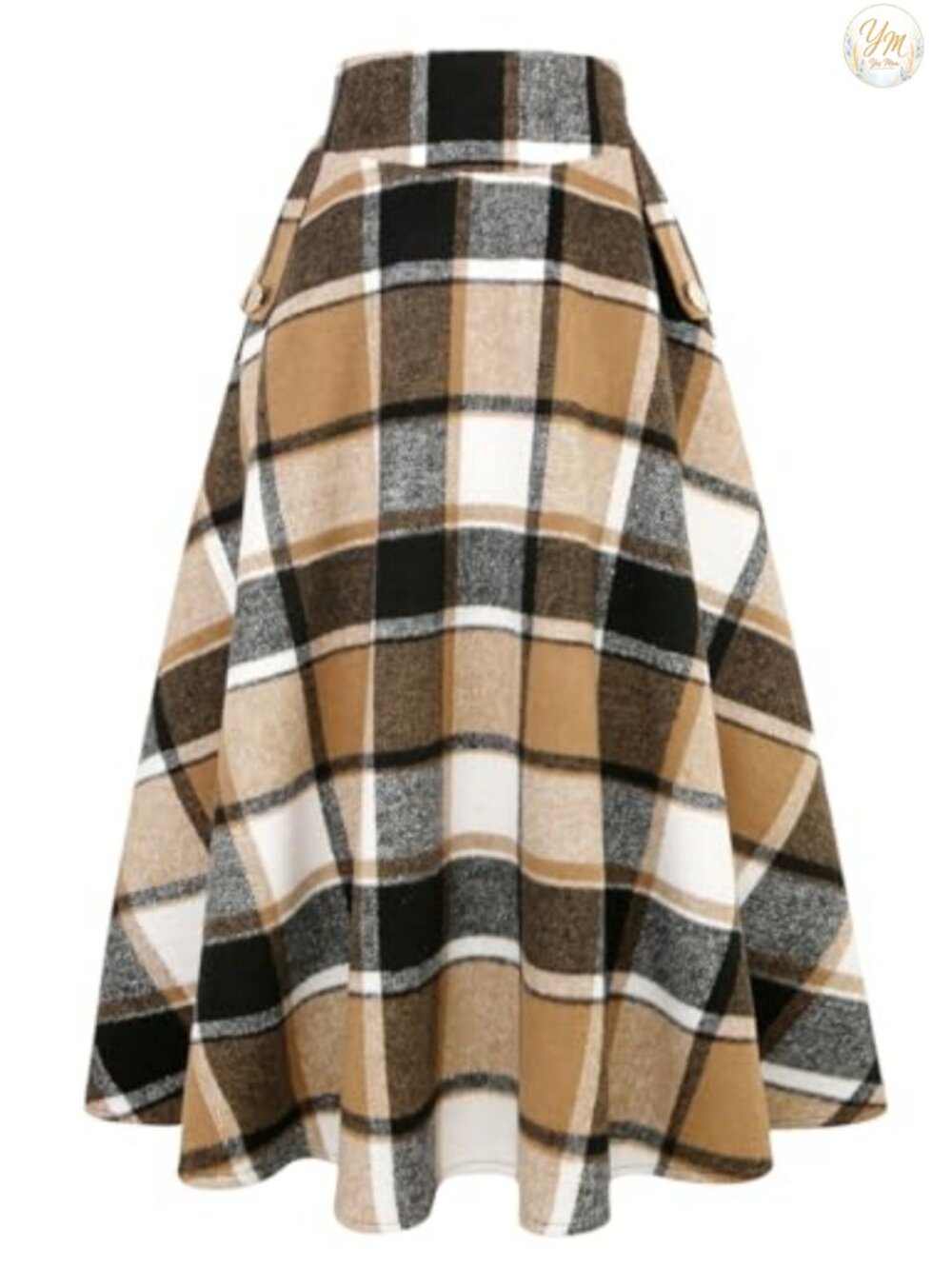 High Waisted Wool Plaid A-Line Long Skirt with Side Elastic Waistband
